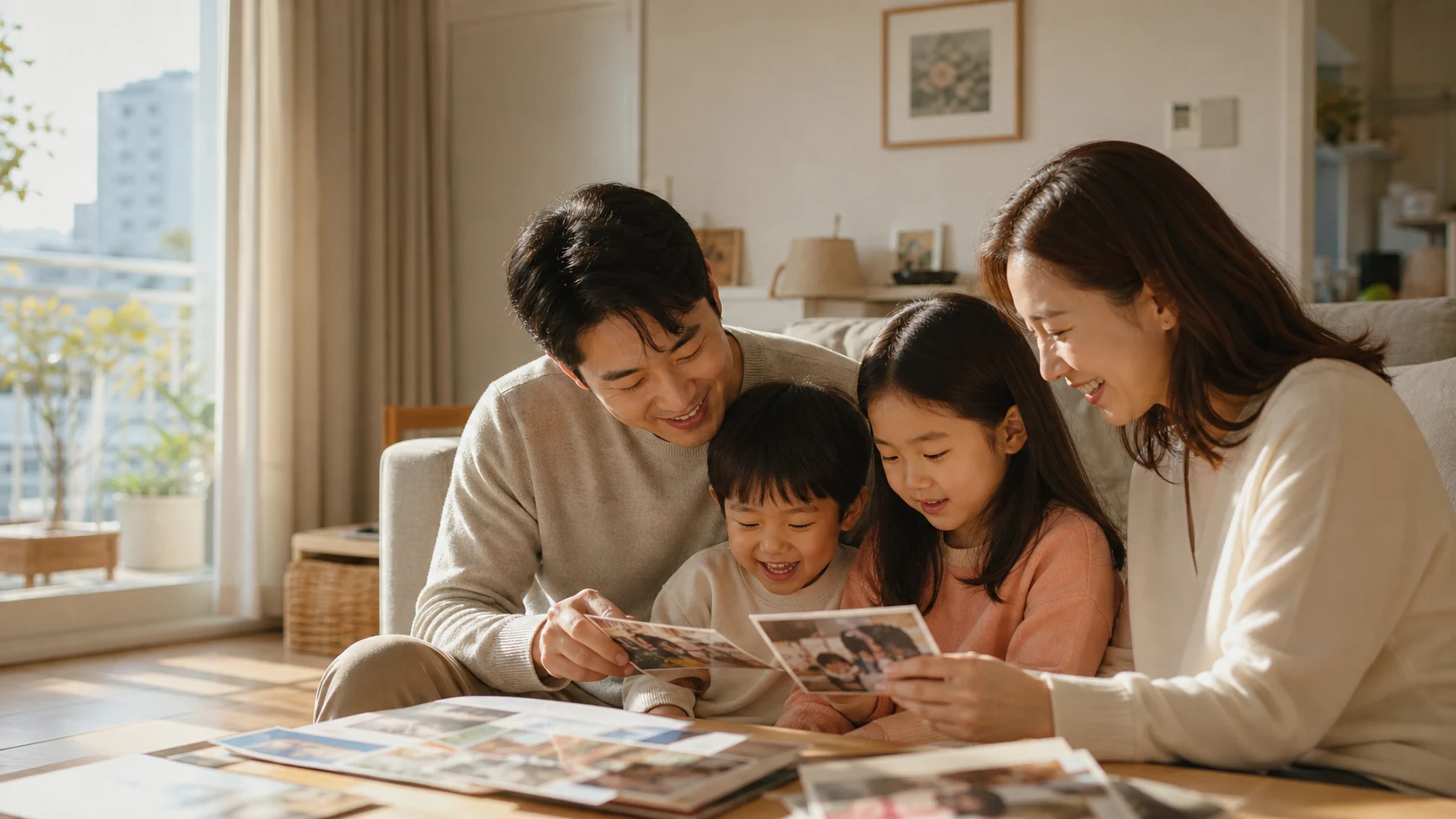 가족이 거실에서 함께 사진을 보며 추억을 나누는 모습